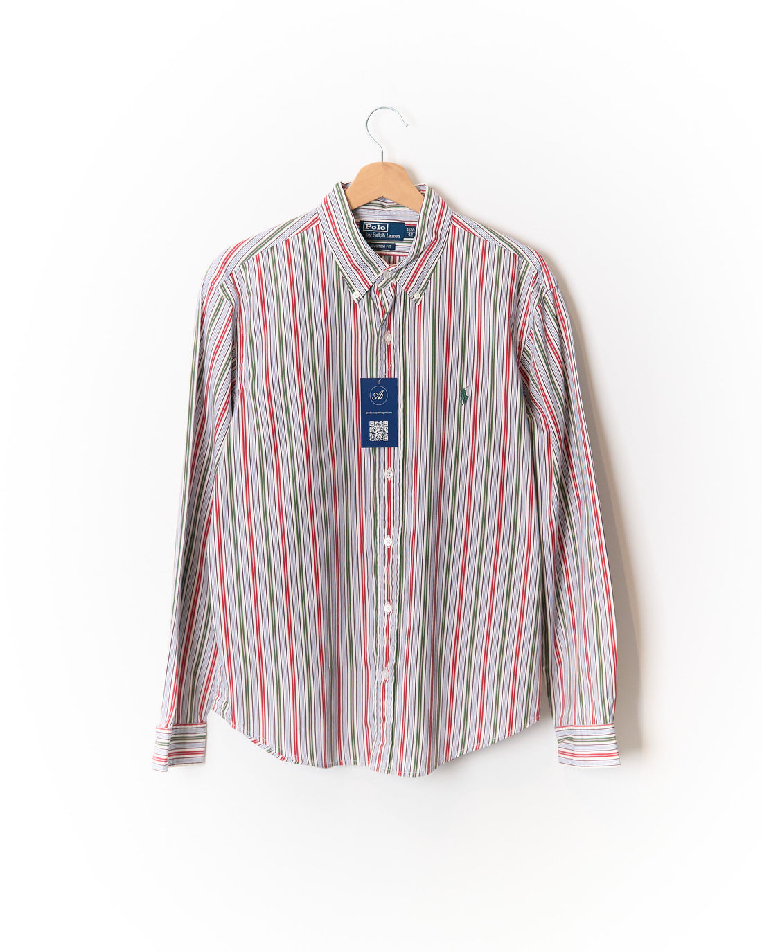 Polo Ralph Lauren White, Red and Green Striped Custom Fit Button Down Cotton Shirt