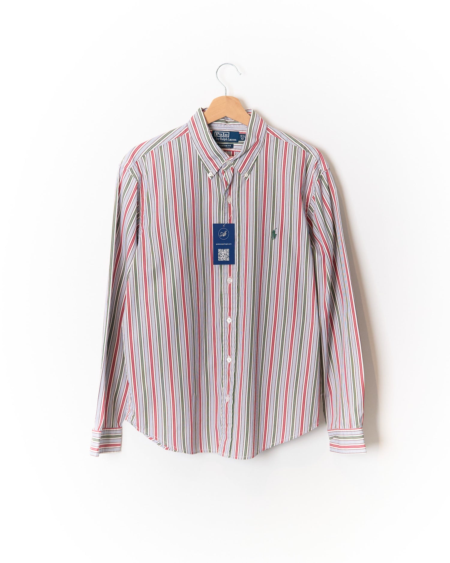 Polo Ralph Lauren White, Red and Green Striped Custom Fit Button Down Cotton Shirt