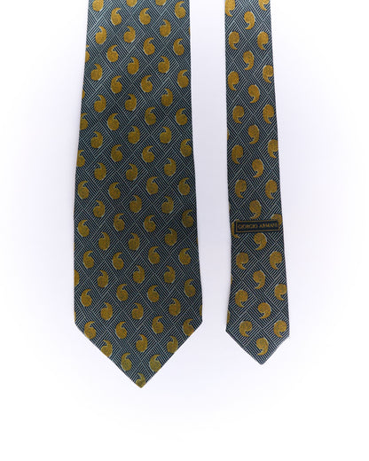 Giorgio Armani Grey and Gold Checkered Paisley Silk Tie