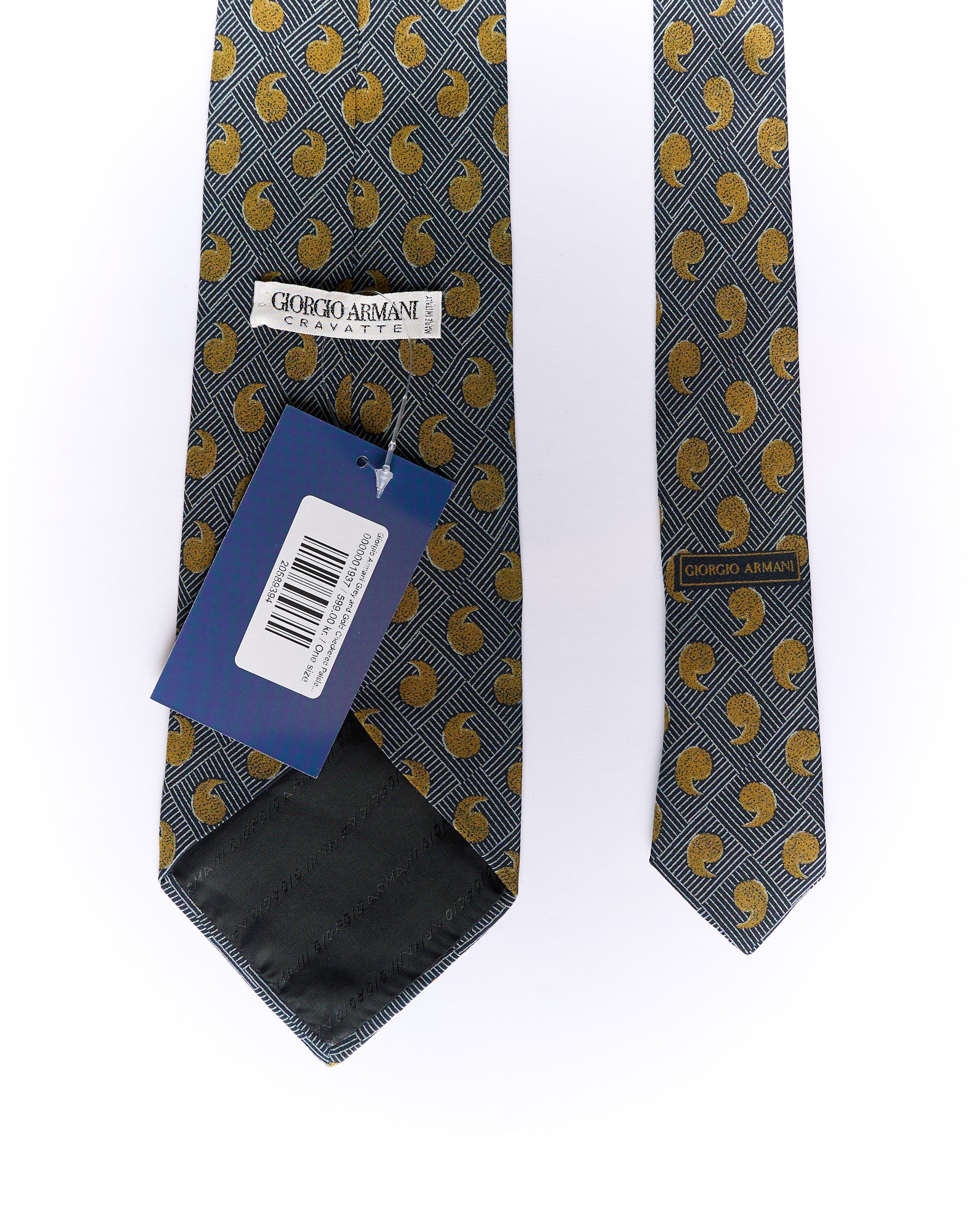 Giorgio Armani Grey and Gold Checkered Paisley Silk Tie