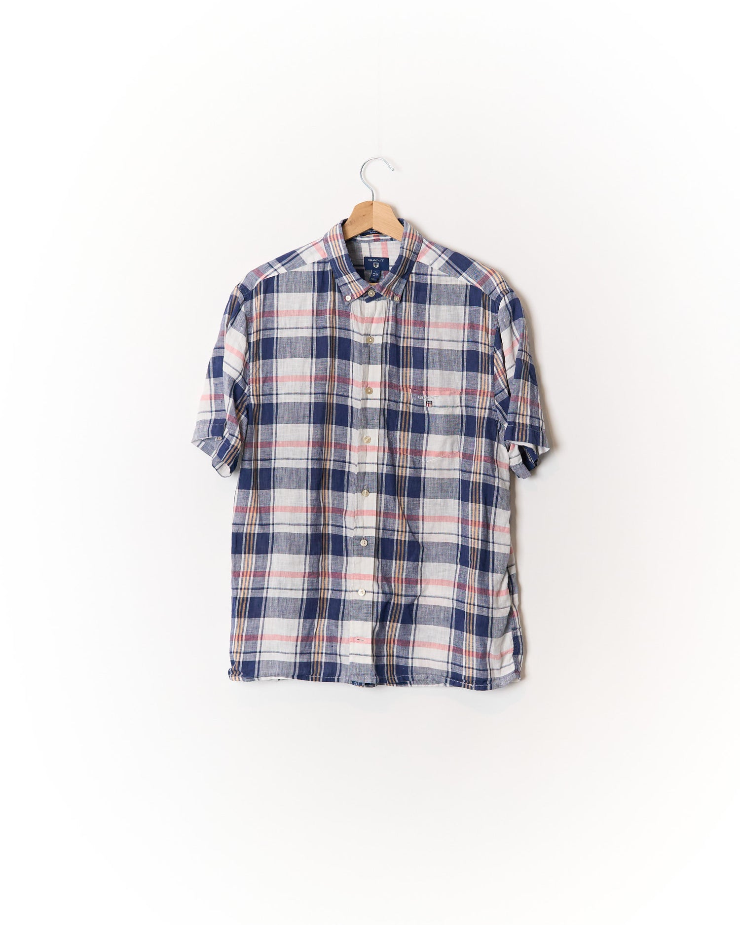 Gant White and Navy Checkered Imported Linen Madras Regular Button Down Linen Shirt