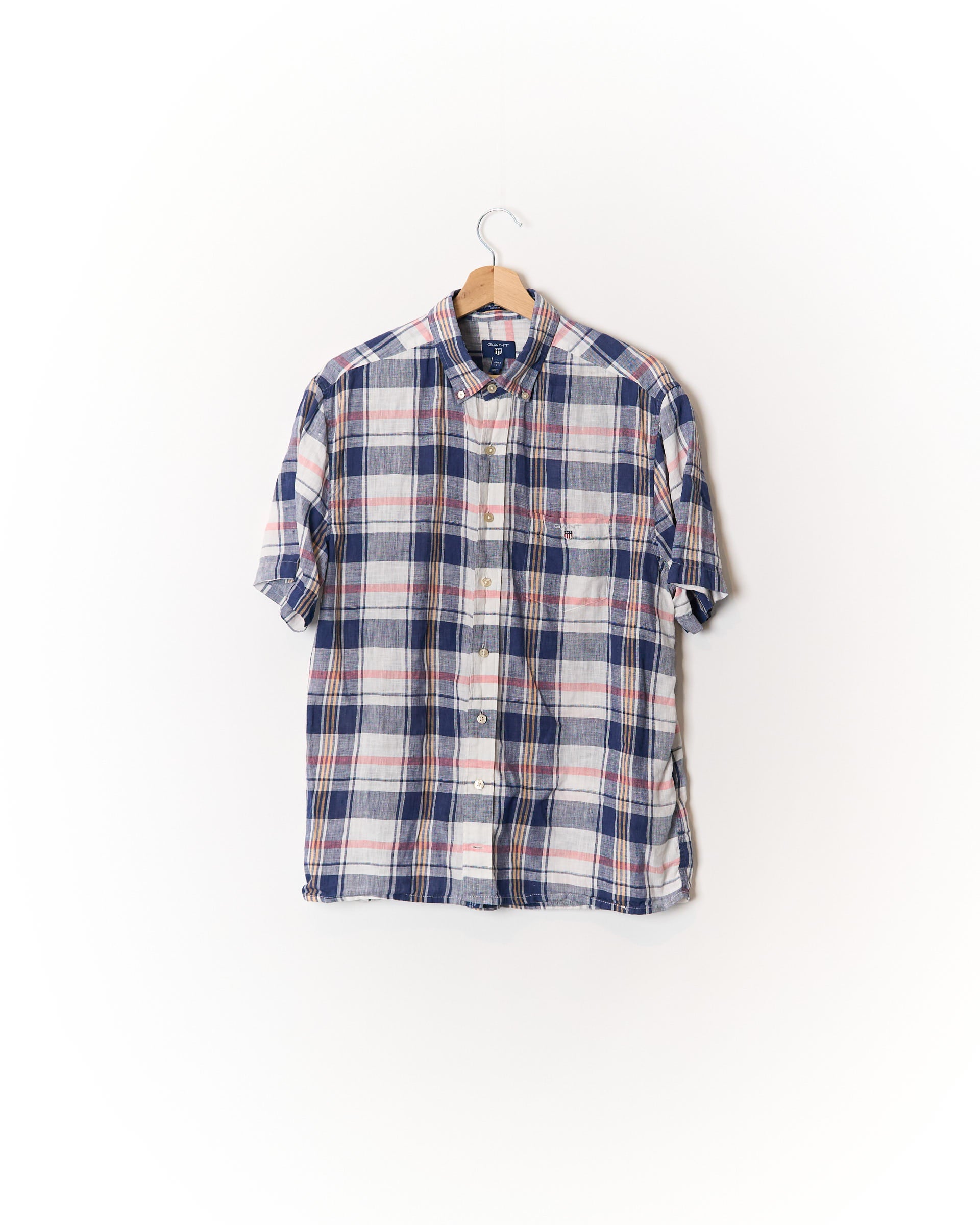 Gant White and Navy Checkered Imported Linen Madras Regular Button Down Linen Shirt