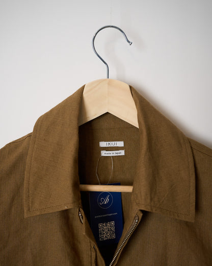 IKIJI Brown Linen and Japanese Washi Paper Full Zip Overshirt