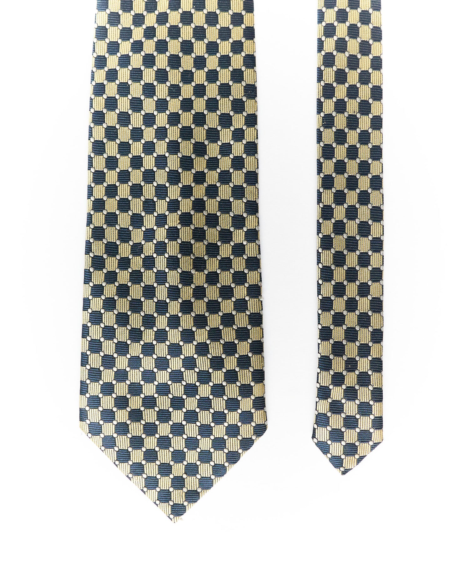 Yellow and Navy Square Checkered Hand Made Silk Tie
