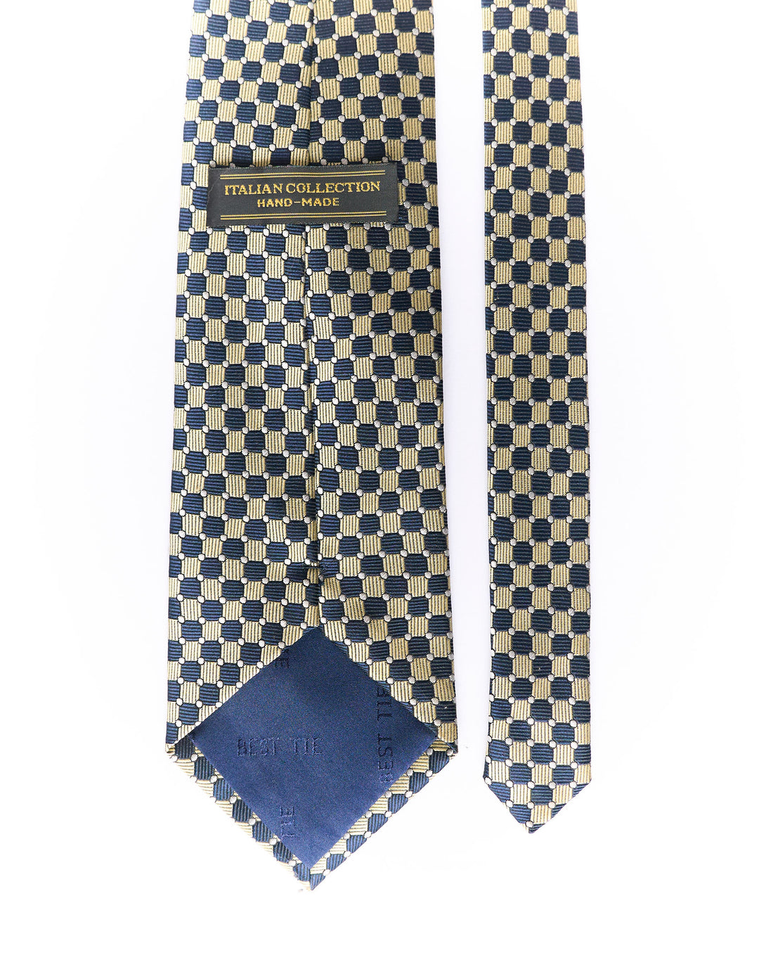 Yellow and Navy Square Checkered Hand Made Silk Tie