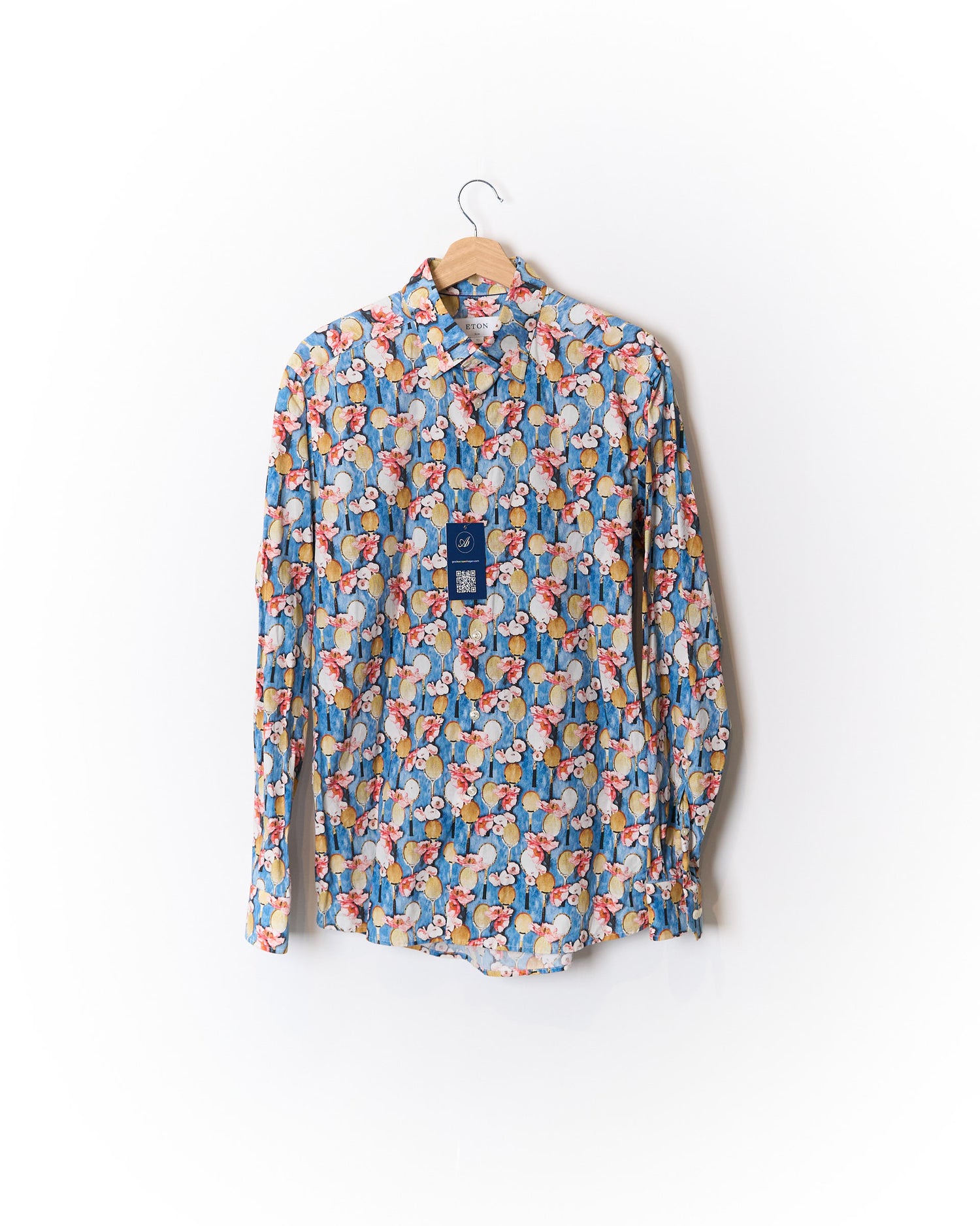 Eton Blue Flower and Tennis Rack Print Slim Cotton Shirt