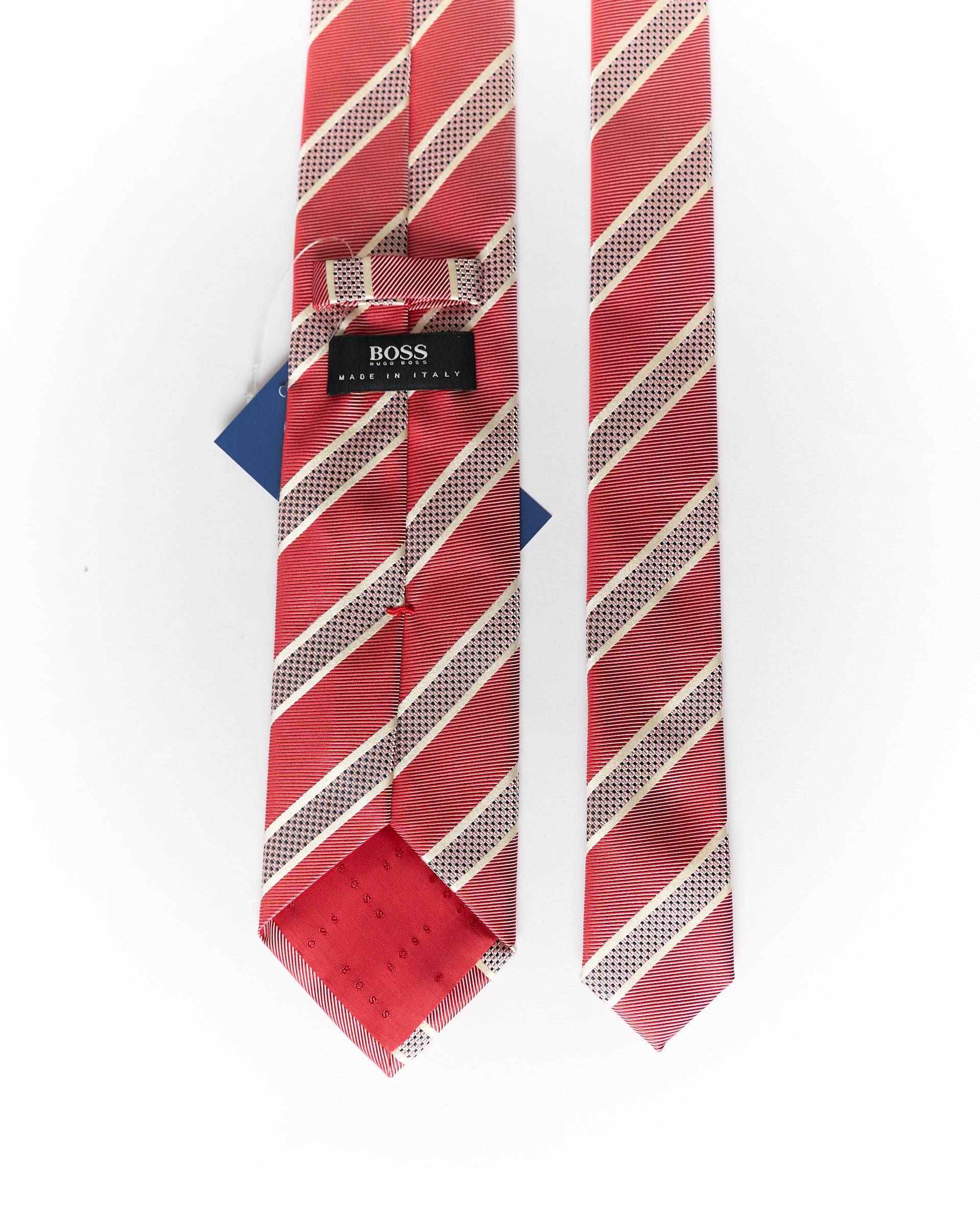 Hugo Boss Red and White Striped Silk Tie