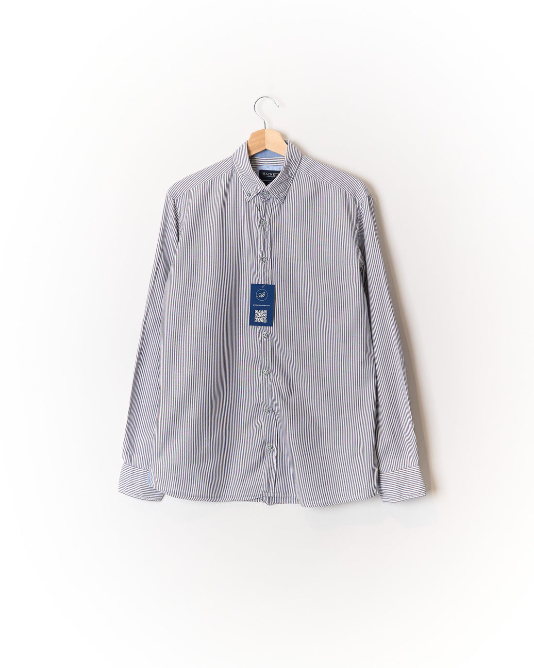 Hackett London Grey and White Striped Slim Fit Elbow Patches Button Down Cotton Shirt