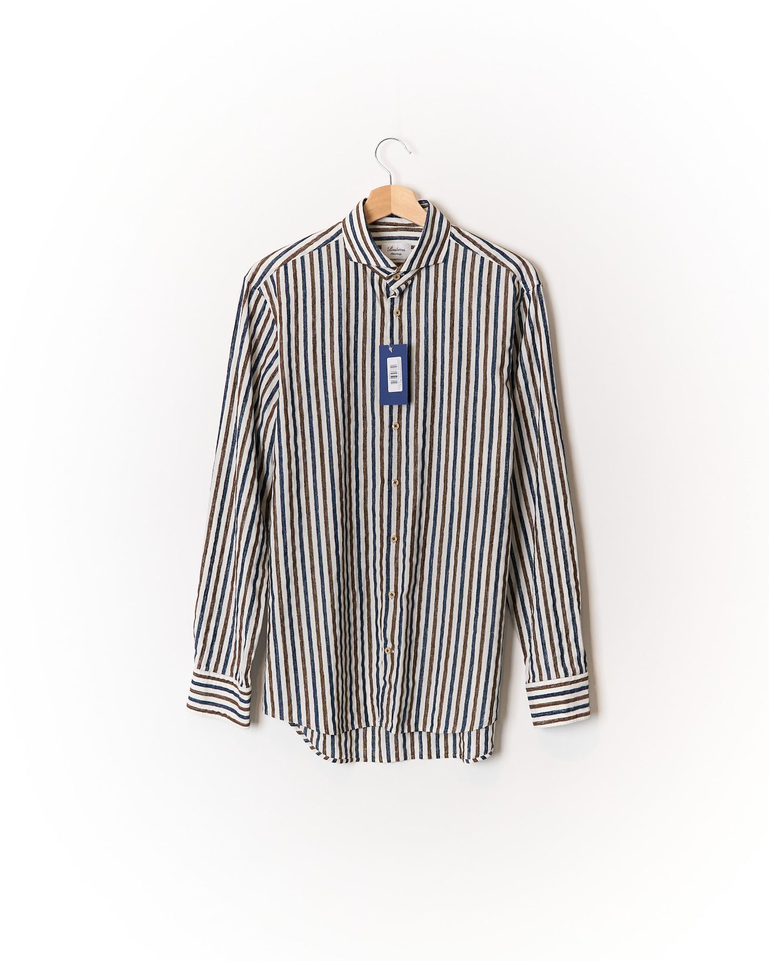Stenströms White, Blue and Brown Striped Fitted Body Cotton Shirt