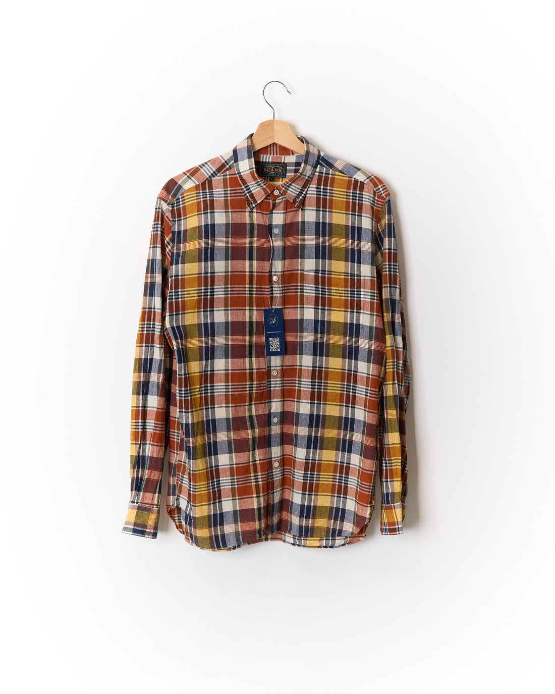 BEAMS+ Orange, Navy and Yellow Checkered Madras Button Down Cotton Shirt