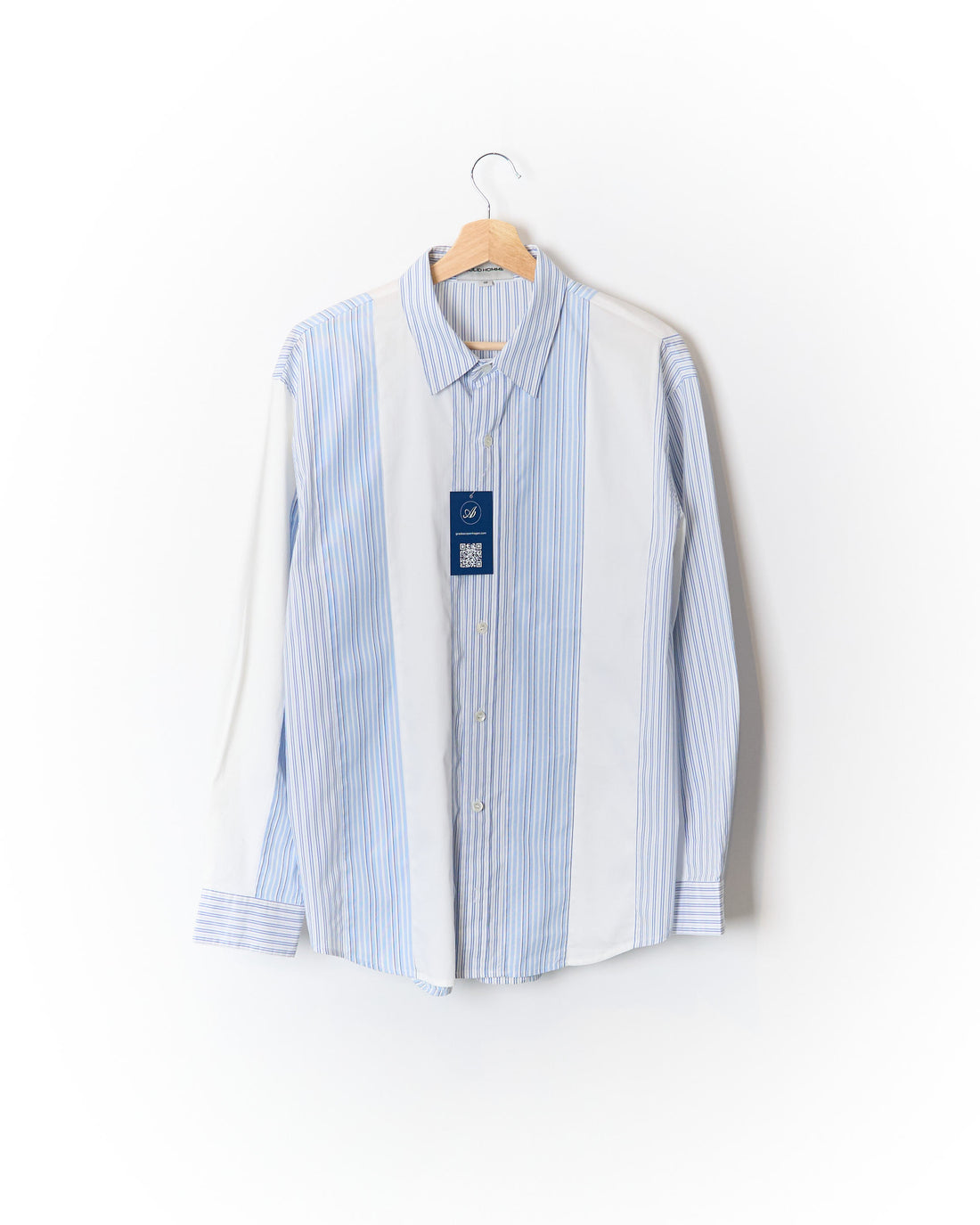 Solid Homme White and Light Blue Preppy Striped Cotton Shirt