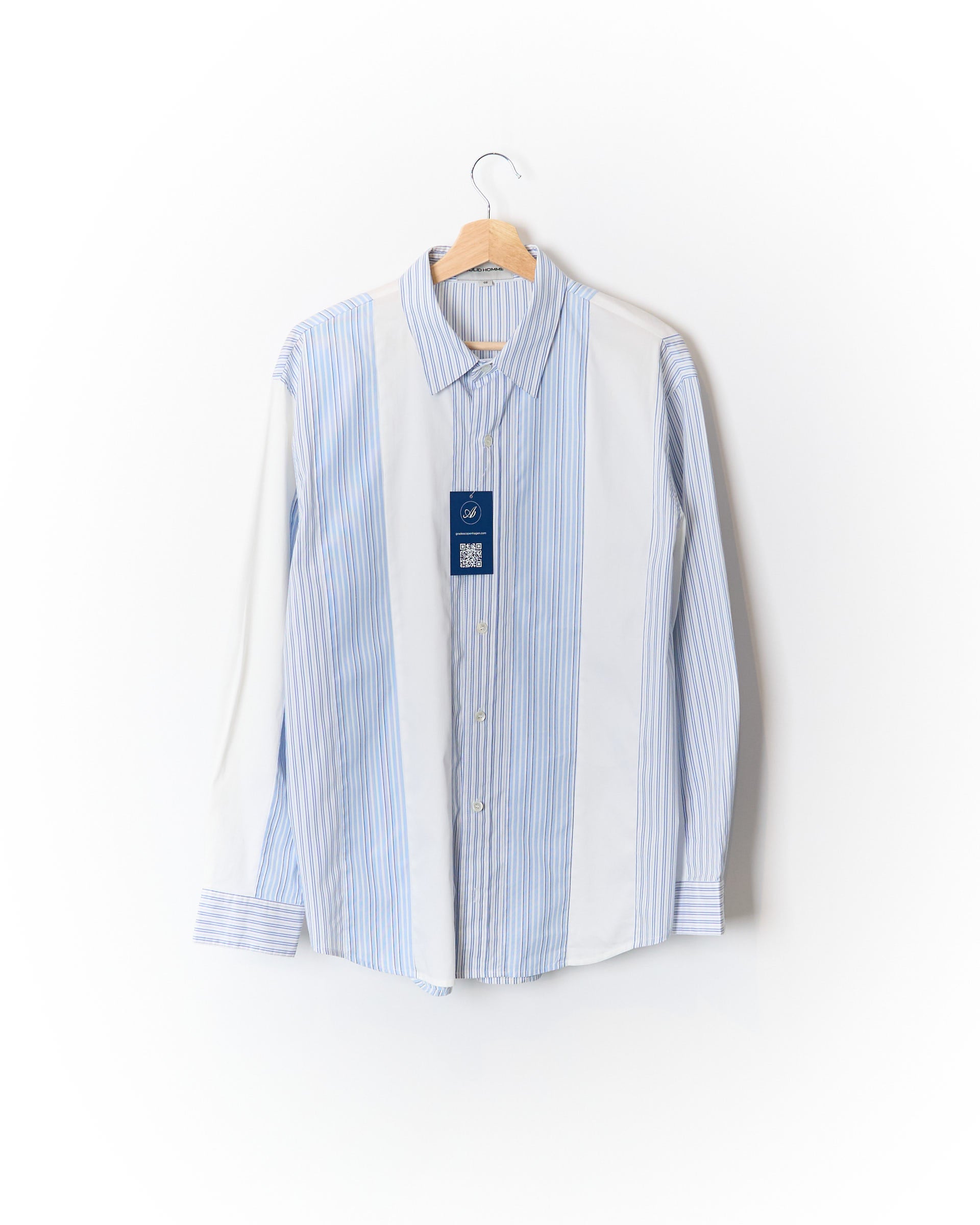 Solid Homme White and Light Blue Preppy Striped Cotton Shirt