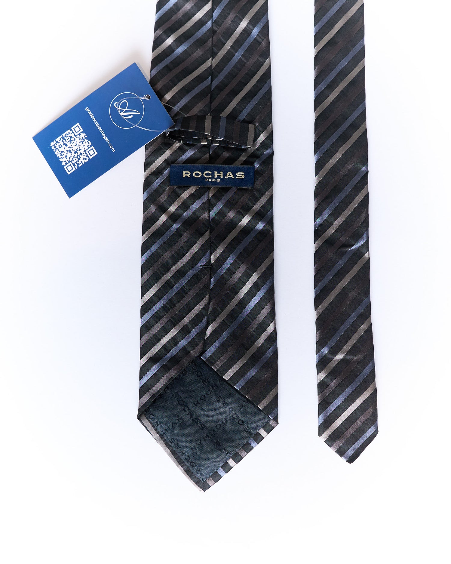 Rochas Paris Black, Grey and Blue Striped Silk Tie