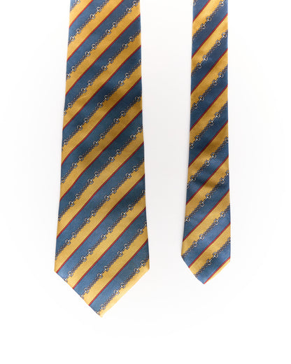 Christian Dior Navy and Yellow Striped Gold Chain Print Silk Tie