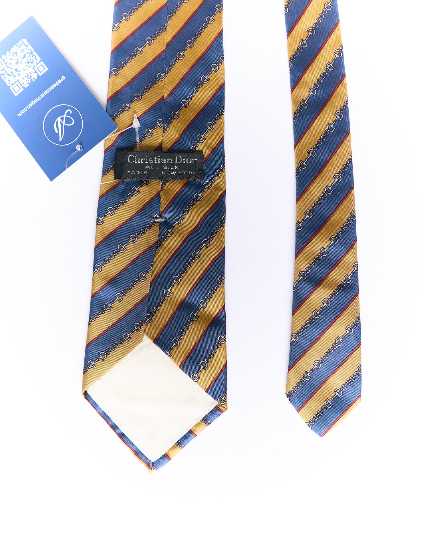 Christian Dior Navy and Yellow Striped Gold Chain Print Silk Tie