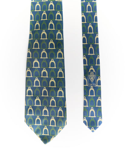Gucci Navy, Beige and Green Stirrups Print Silk Tie