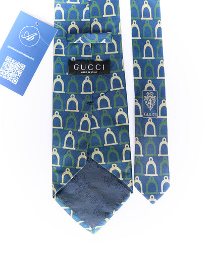 Gucci Navy, Beige and Green Stirrups Print Silk Tie