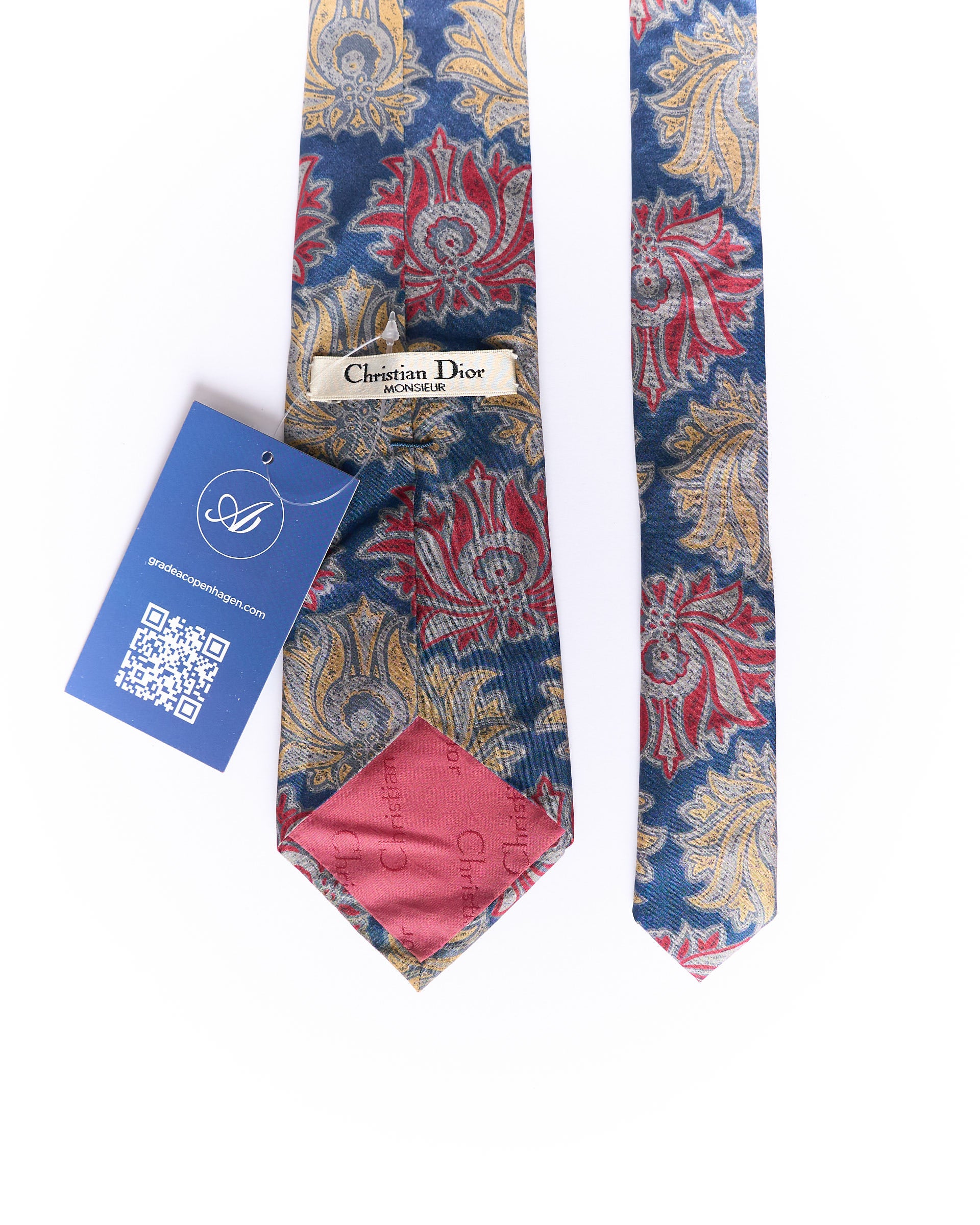 Christian Dior Monsieur Navy, Red and Beige Flower Print Silk Tie