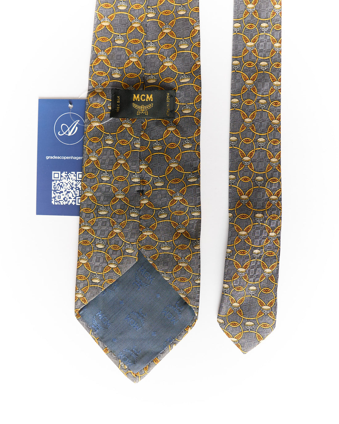 MCM Grey and Gold Chain Print Silk Tie