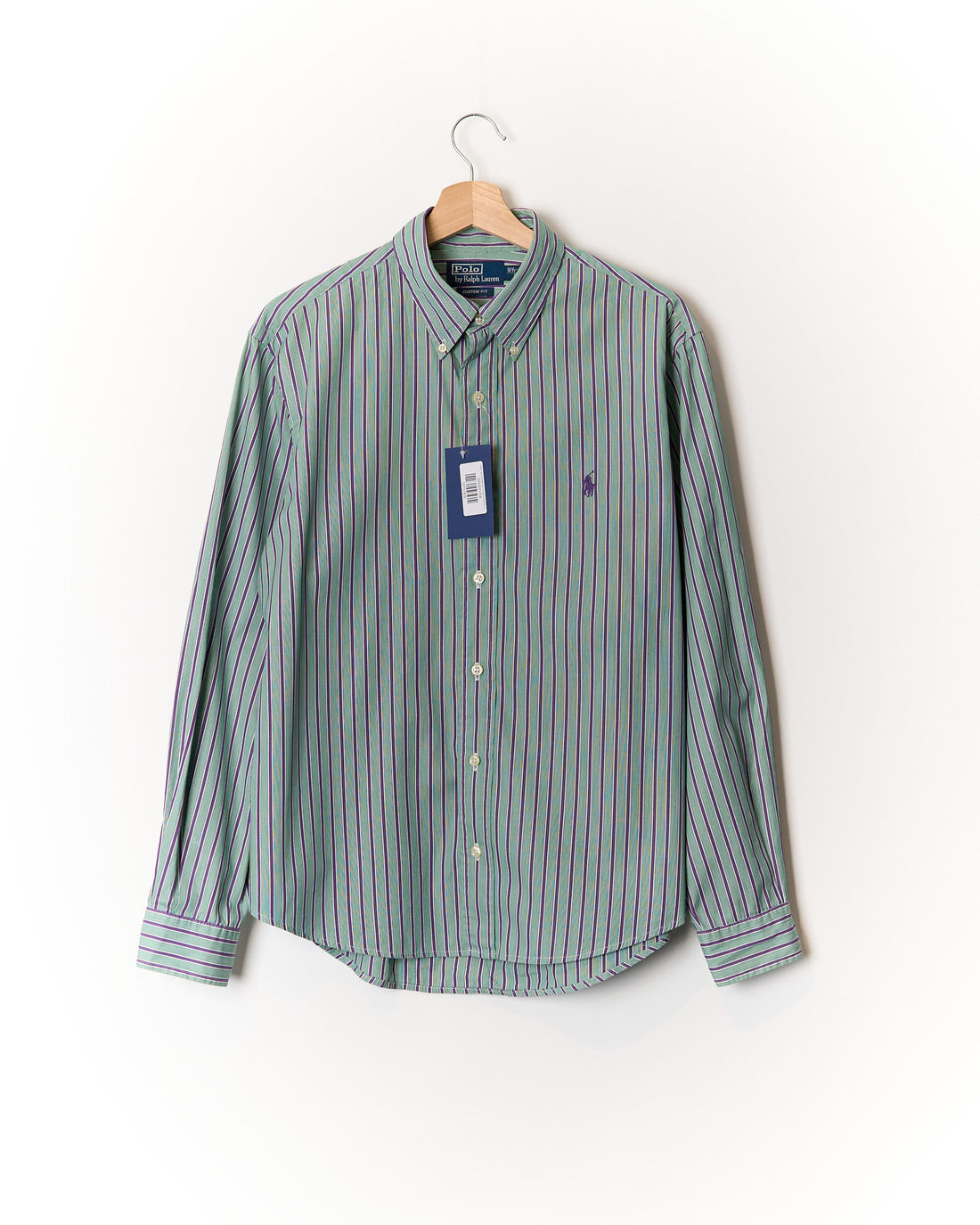 Ralph Lauren Green and Purple Striped Button Down Custom Fit Cotton Shirt