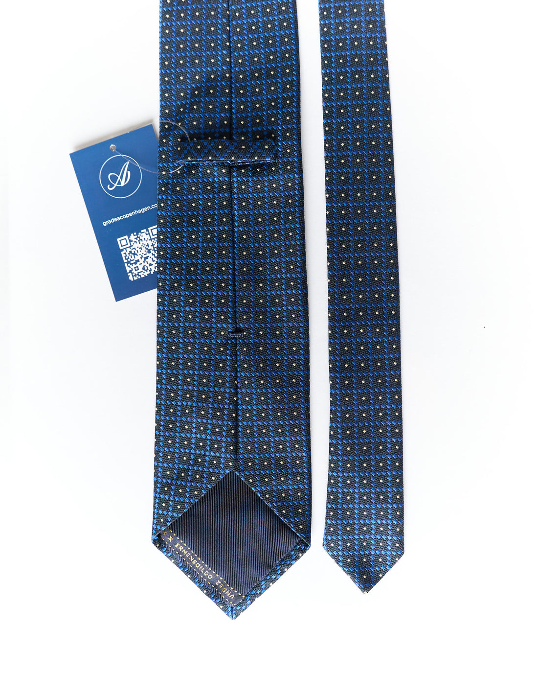 Ermenegildo Zegna Schwarz-Blau karierte und gepunktete Seidenkrawatte