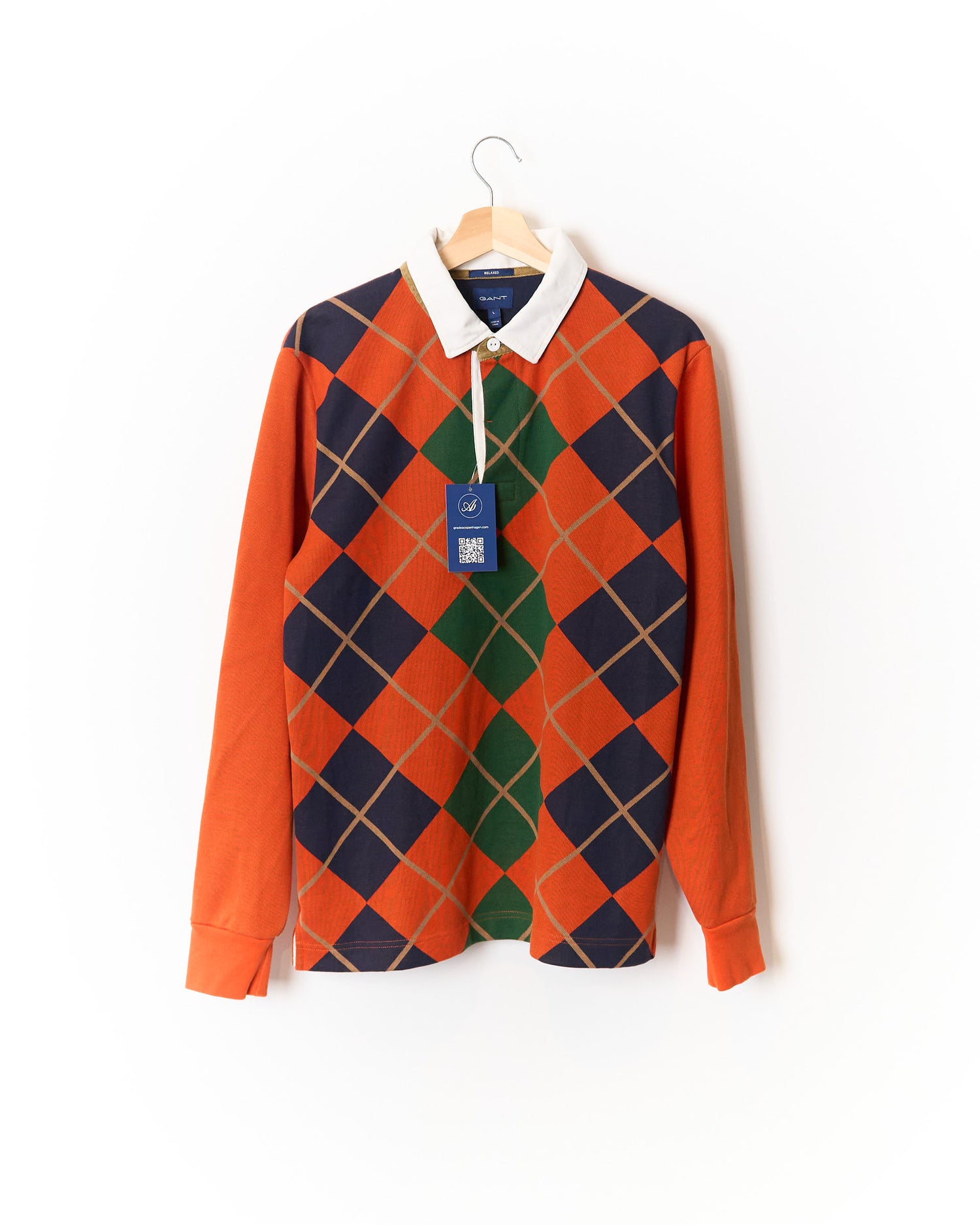 Gant Orange, Green and Navy Harlequin Relaxed Fit White Collar Cotton Rugger