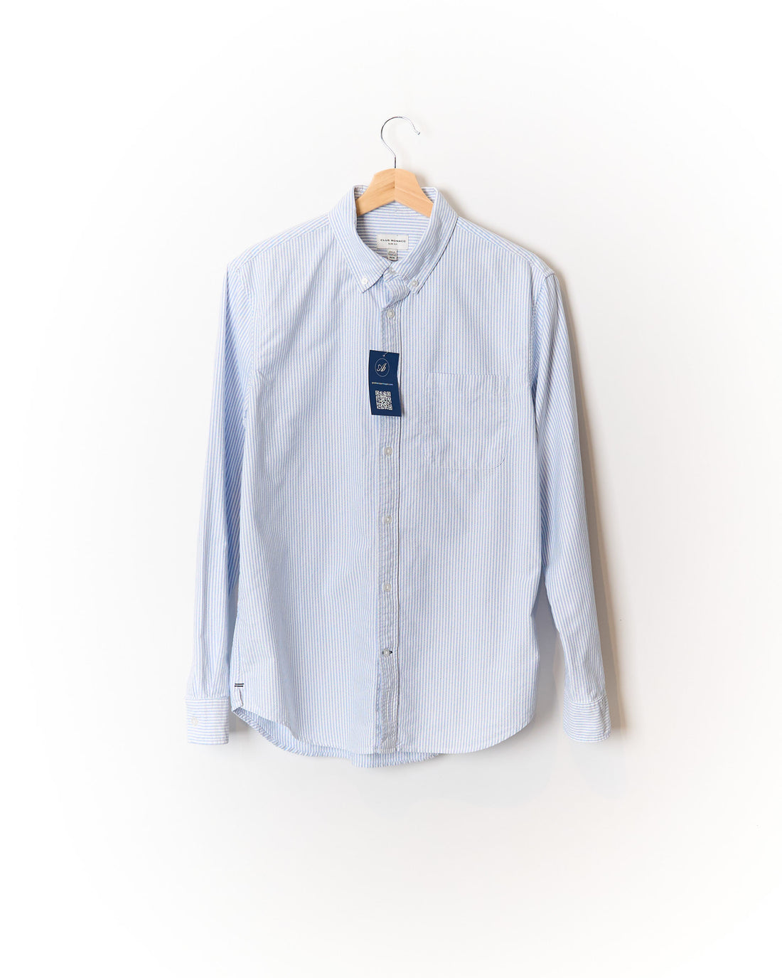 Club Monaco Light Blue and White Striped Slim Fit Button Down Cotton Shirt