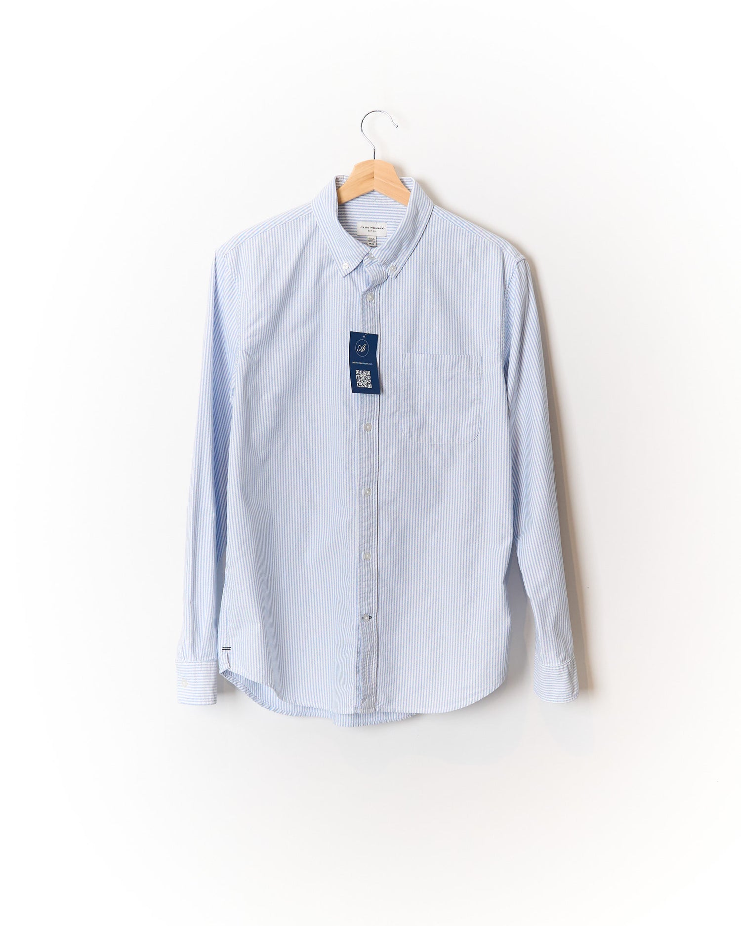 Club Monaco Light Blue and White Striped Slim Fit Button Down Cotton Shirt