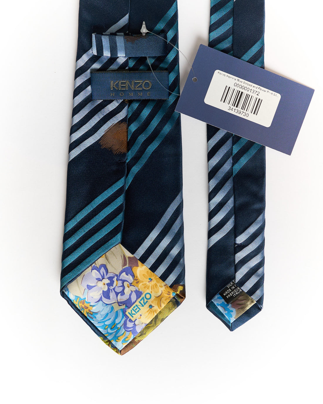 Kenzo Homme Blue Striped and Flower Print Silk Tie