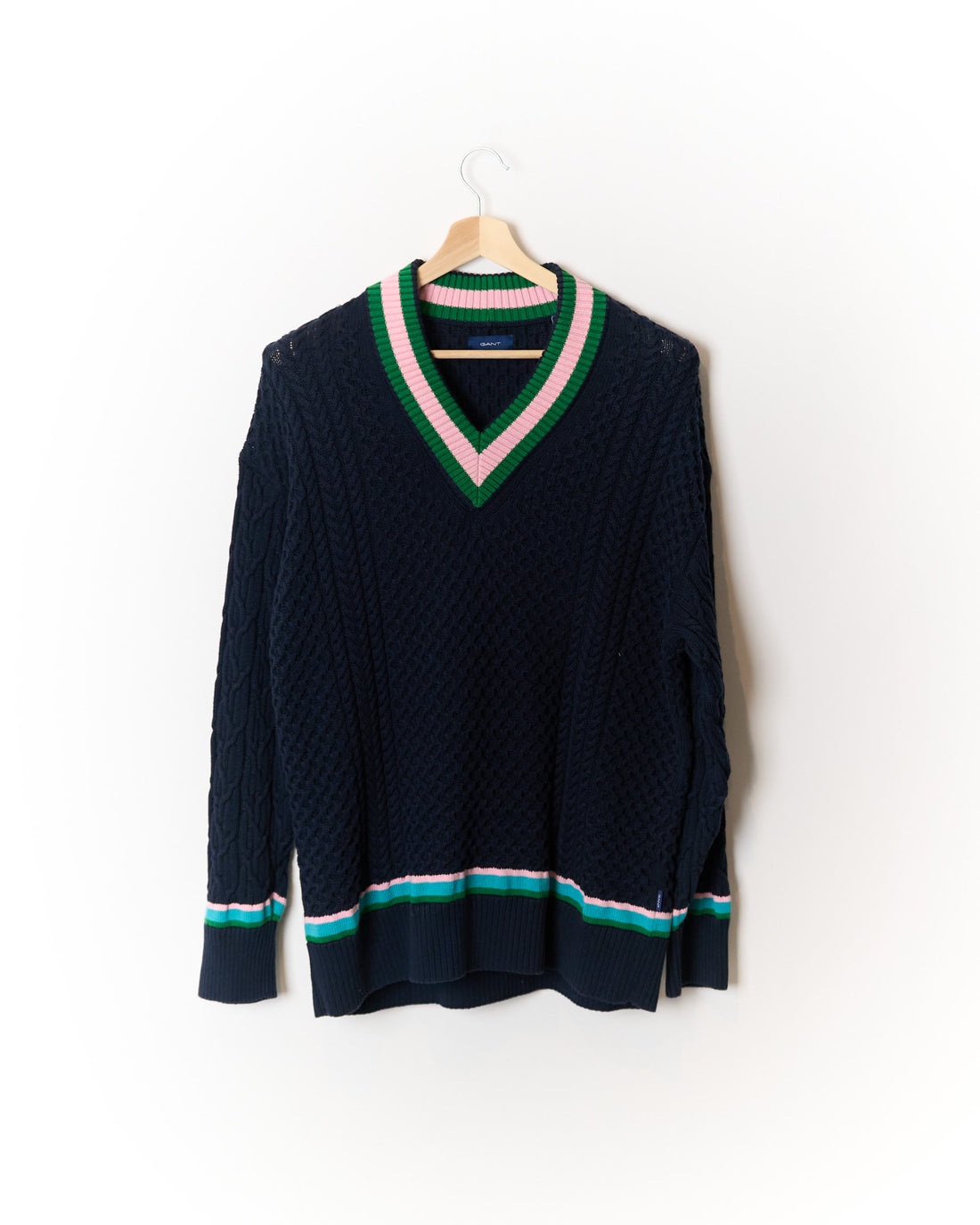 Gant Navy V-Neck Organic Cotton Cable Knit