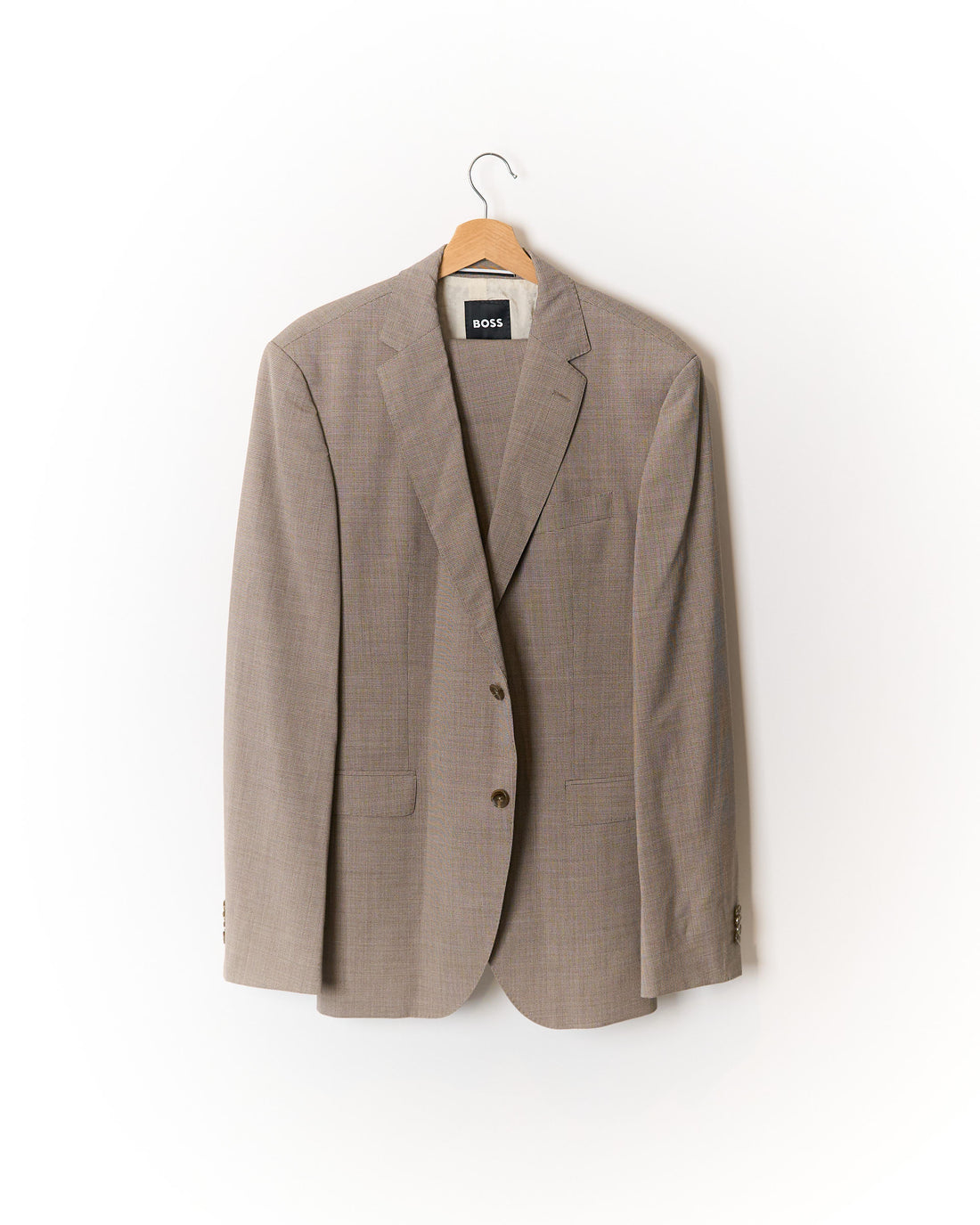 Hugo Boss Light Brown Checkered Straight Leg Virgin Wool Suit