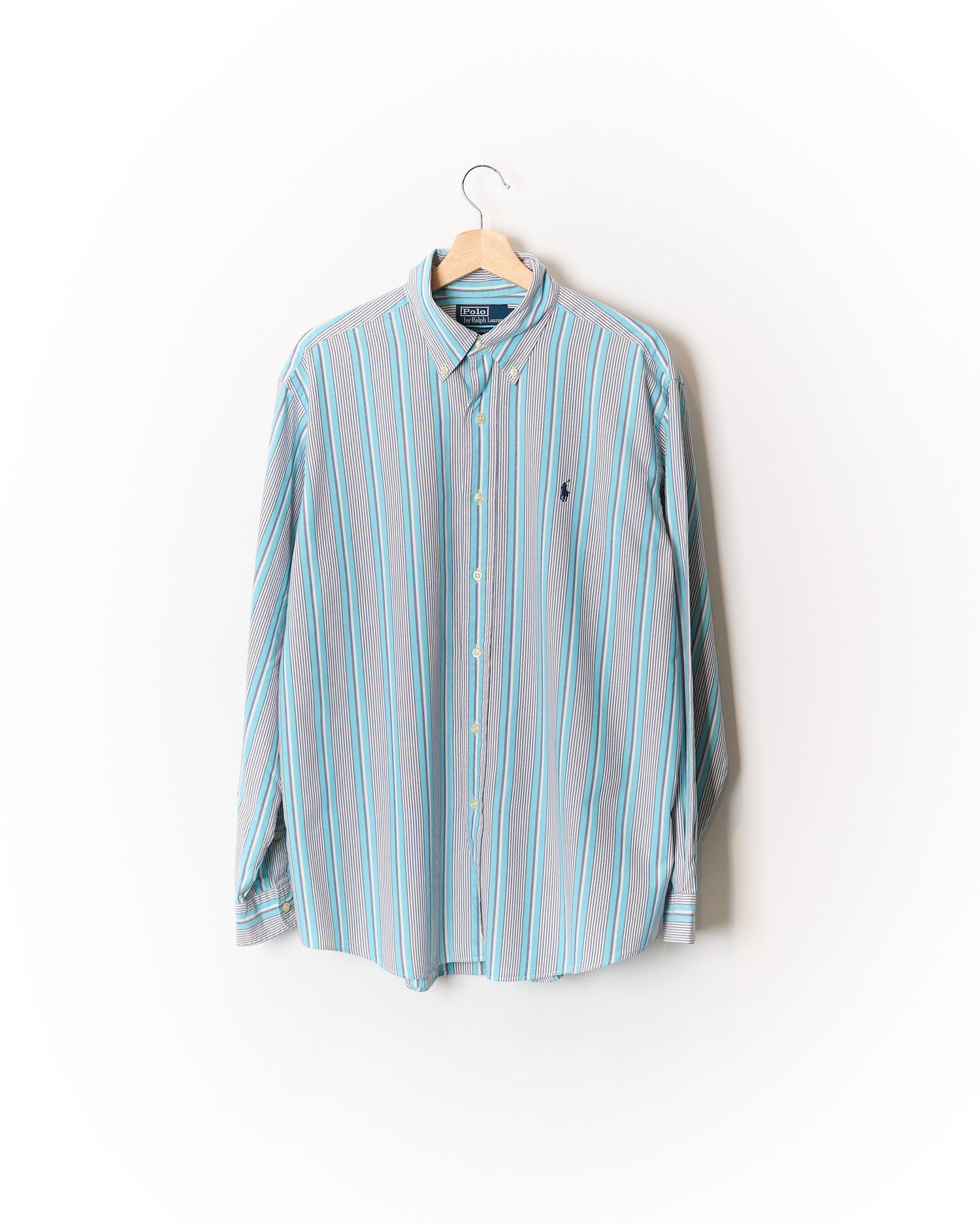 Polo Ralph Lauren Turquoise, White and Grey Striped Ellington Button Down Cotton Shirt