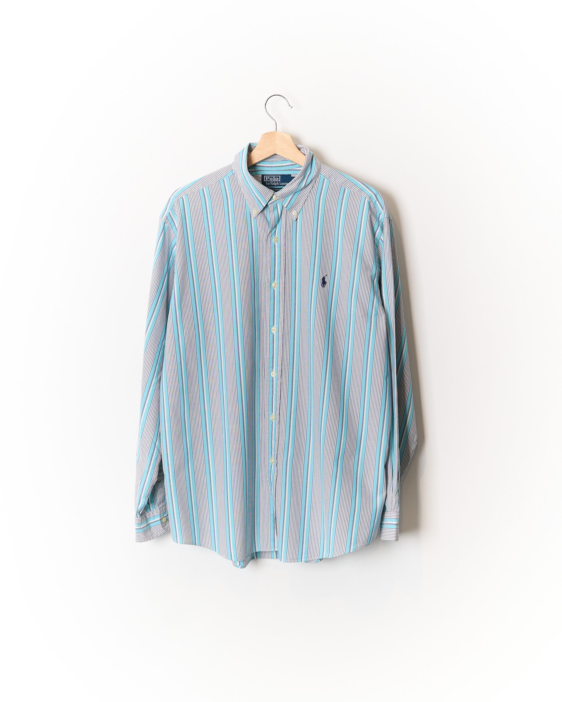 Polo Ralph Lauren Turquoise, White and Grey Striped Ellington Button Down Cotton Shirt