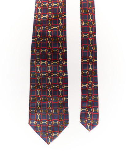 Pierre Balmain Navy Checkered Gold Chain Print Silk Tie