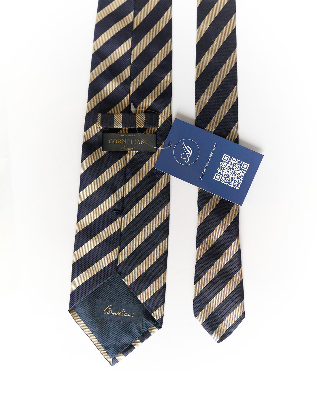 Corneliani Navy and Gold Striped Hand Made Silk Tie