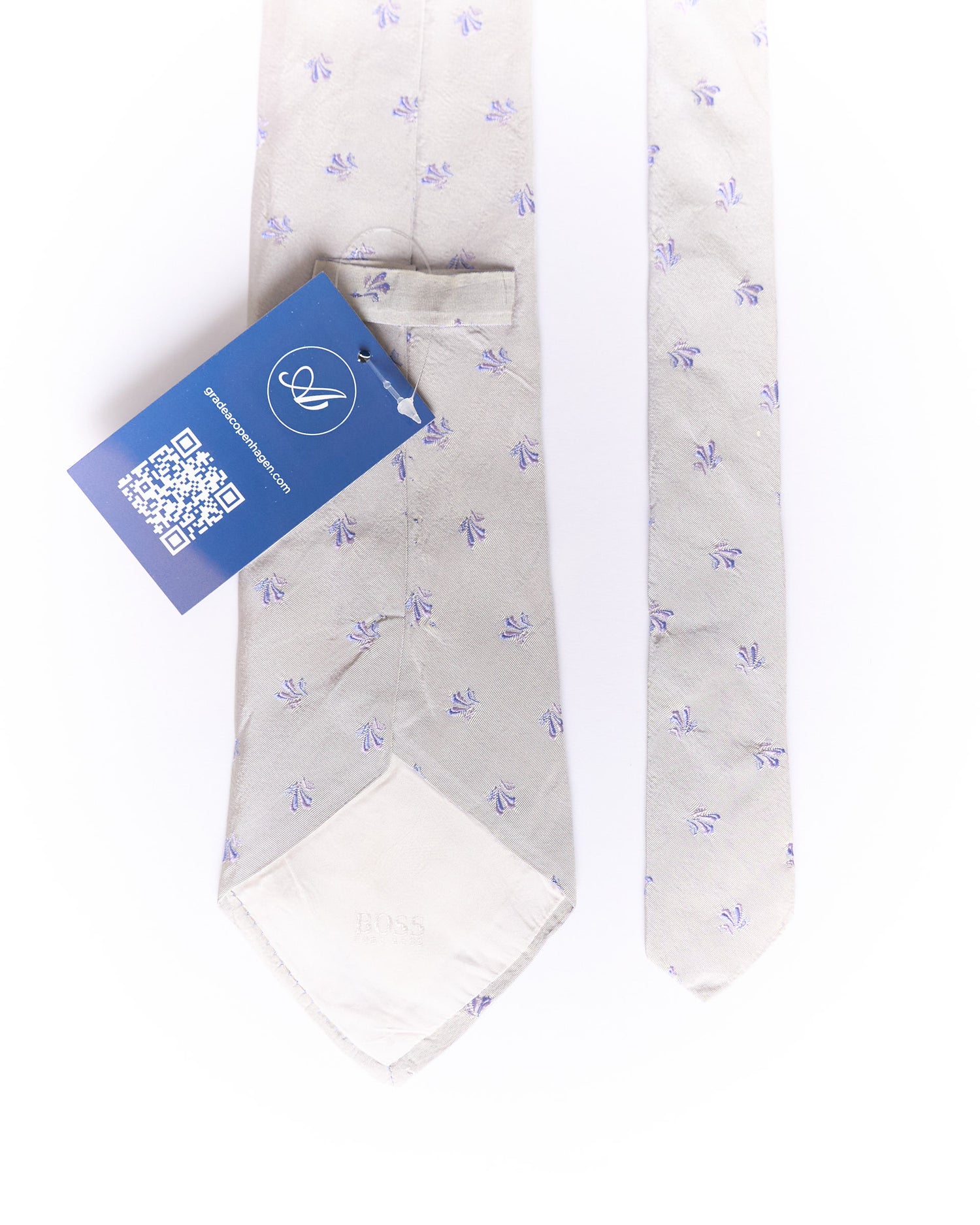 Hugo Boss Light Grey and Purple Leaf Print Silk Tie