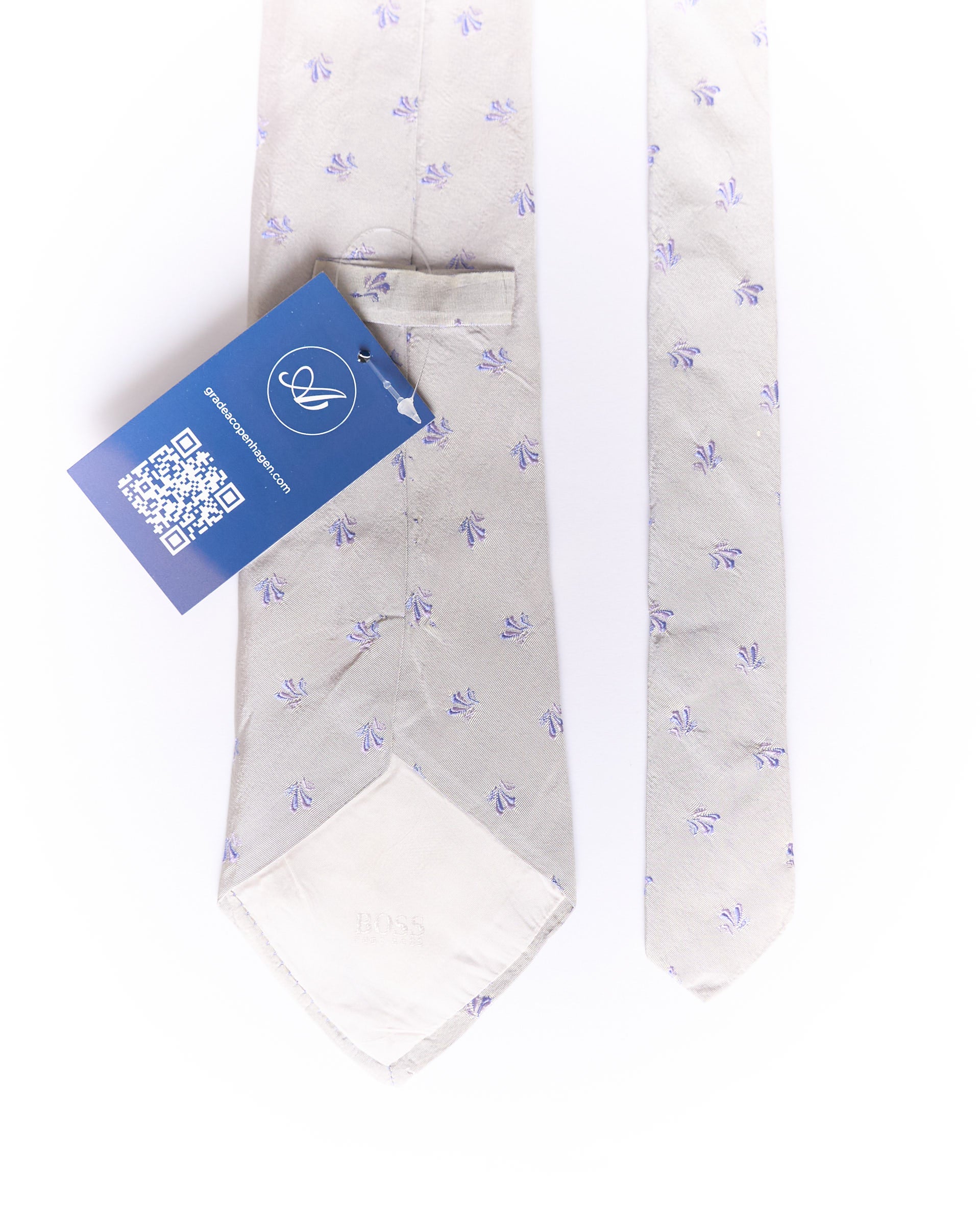 Hugo Boss Light Grey and Purple Leaf Print Silk Tie
