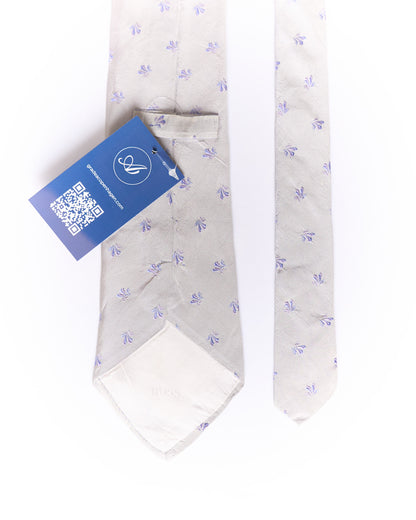Hugo Boss Light Grey and Purple Leaf Print Silk Tie