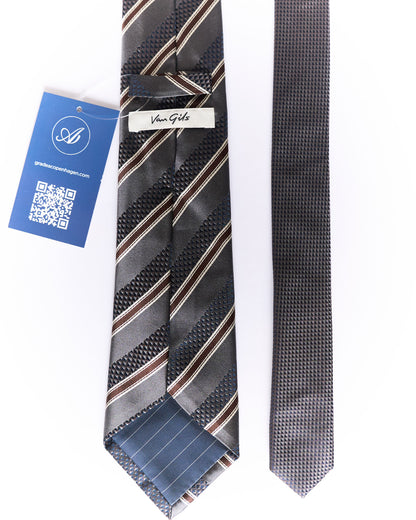 Van Gils Grey, Brown and Navy Striped Silk Tie