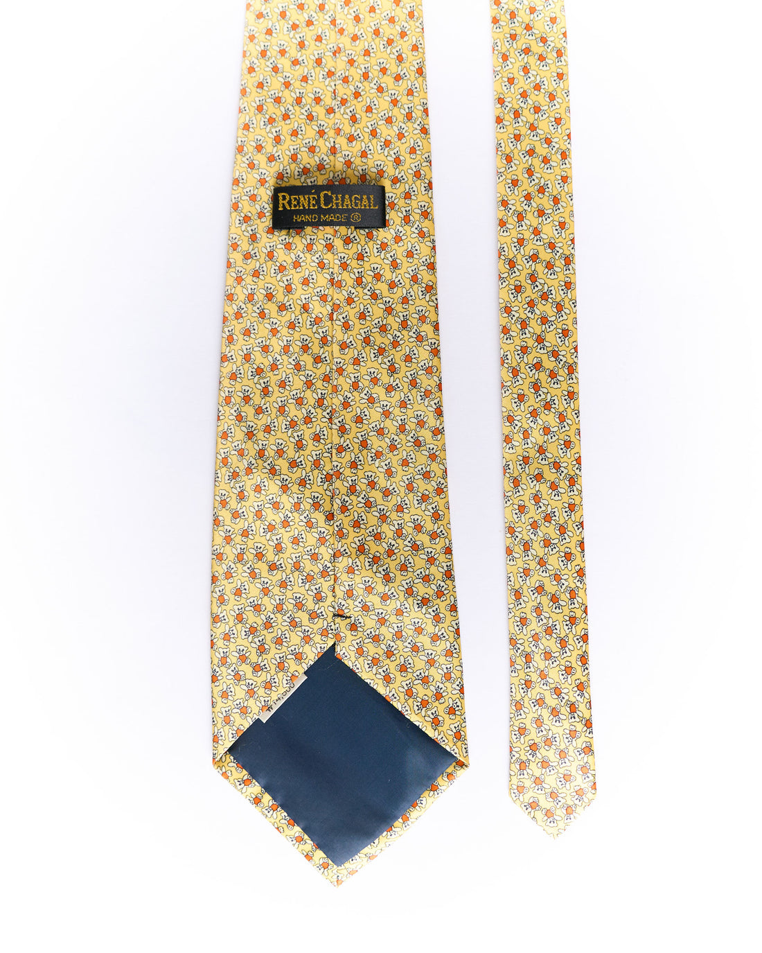 René Chagal Yellow Teddy Bear Print Hand Made Silk Tie
