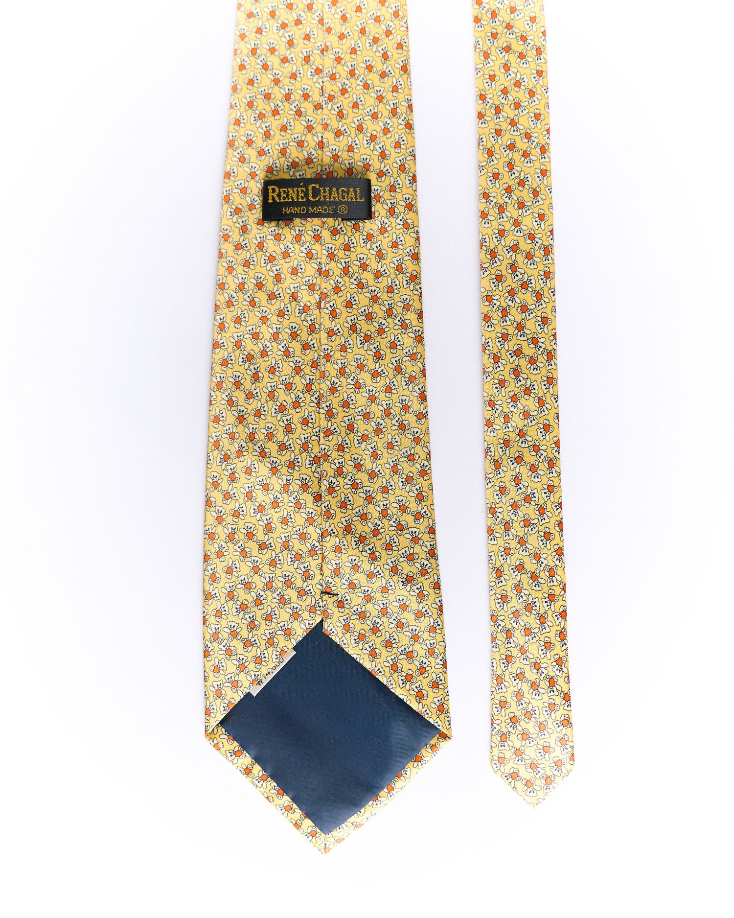 René Chagal Yellow Teddy Bear Print Hand Made Silk Tie