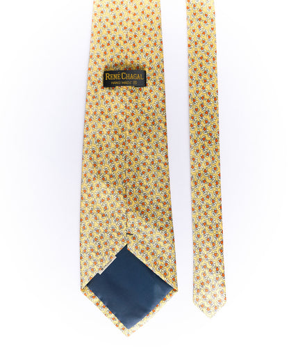 René Chagal Yellow Teddy Bear Print Hand Made Silk Tie