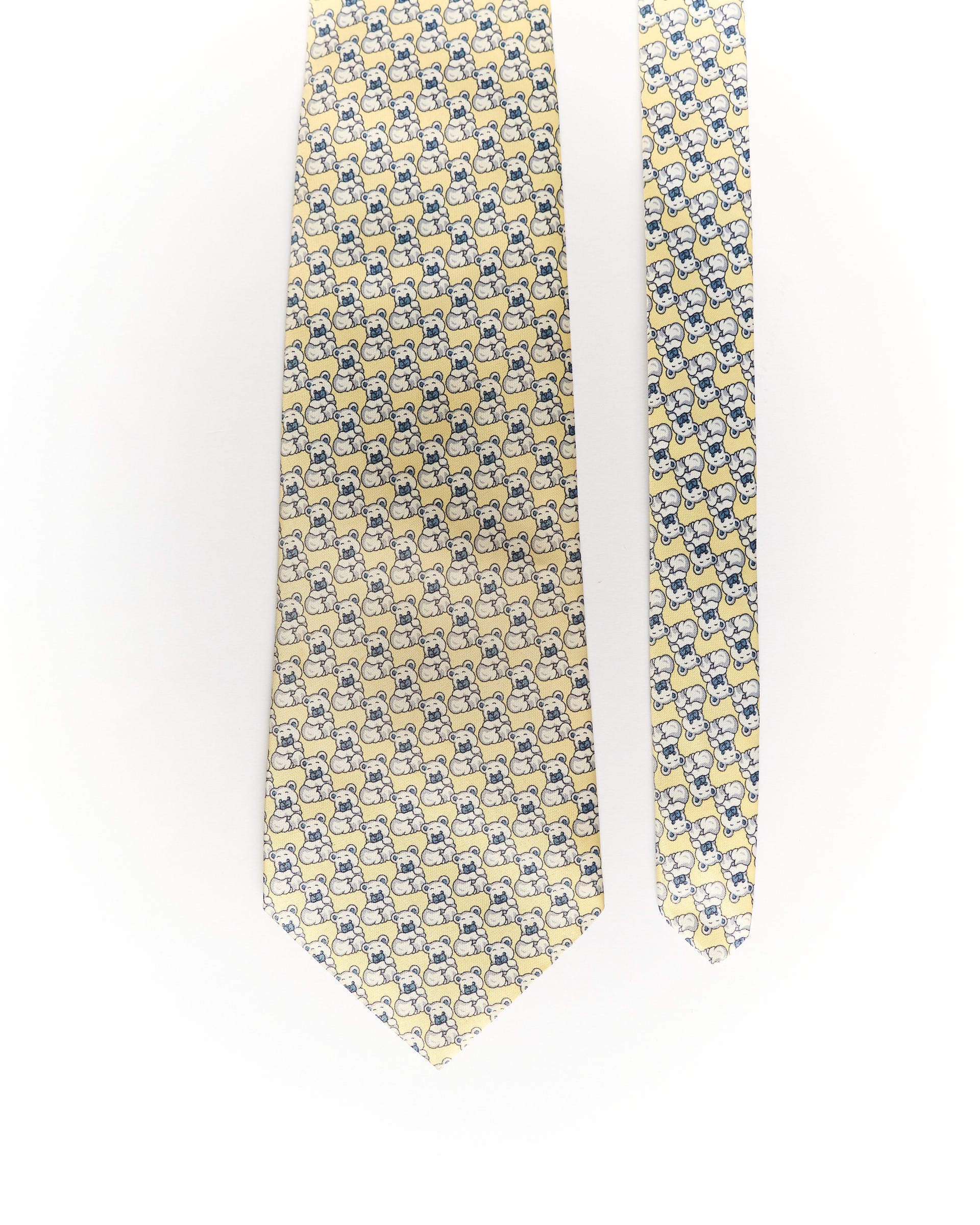René Chagal Beige Teddy Bear Print Hand Made Silk Tie