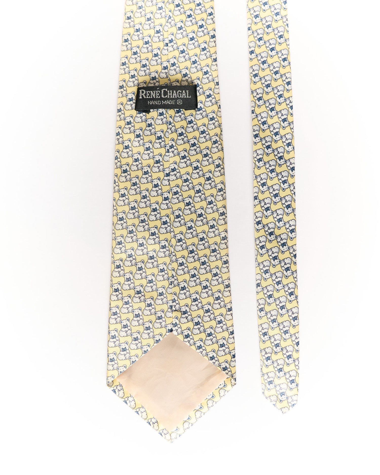 René Chagal Beige Teddy Bear Print Hand Made Silk Tie