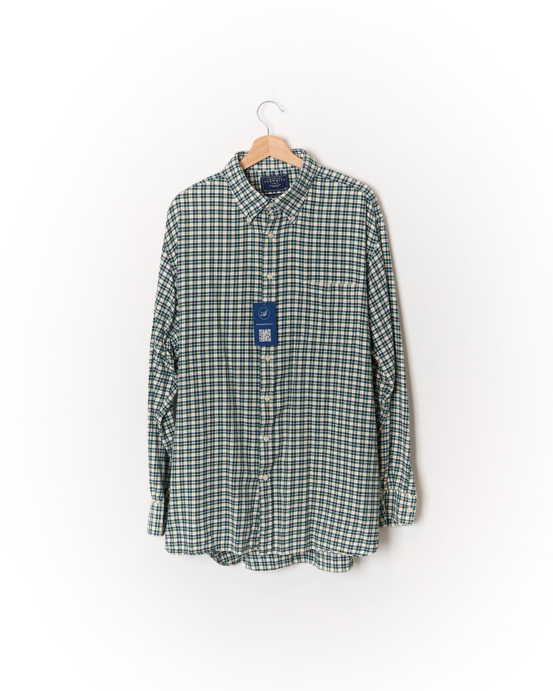 Charles Tyrwhitt Green, White, Dark Grey and Yellow Checkered Button Down Brushed Cotton Shirt