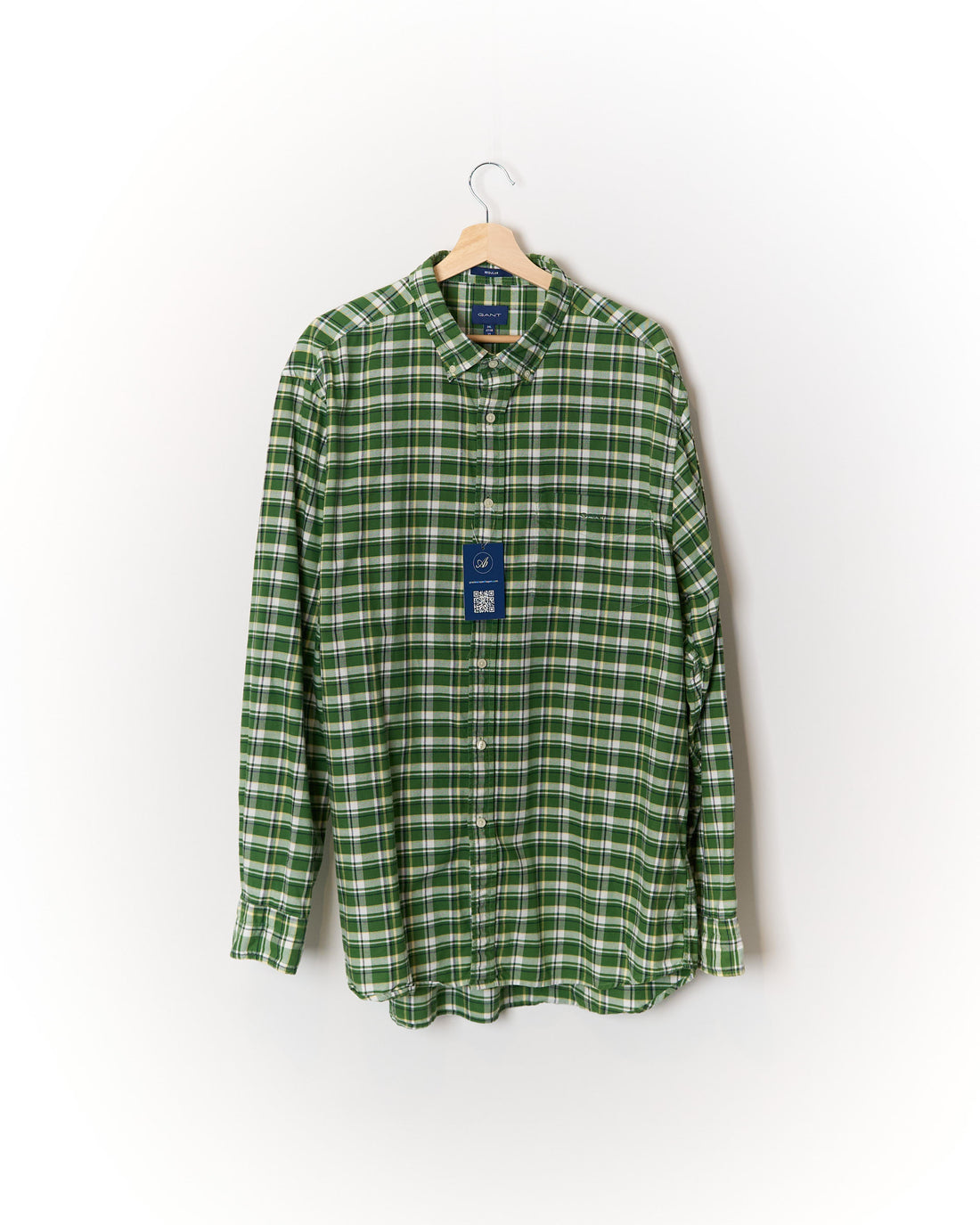Gant Green and White Checkered Regular Button Down Cotton Shirt