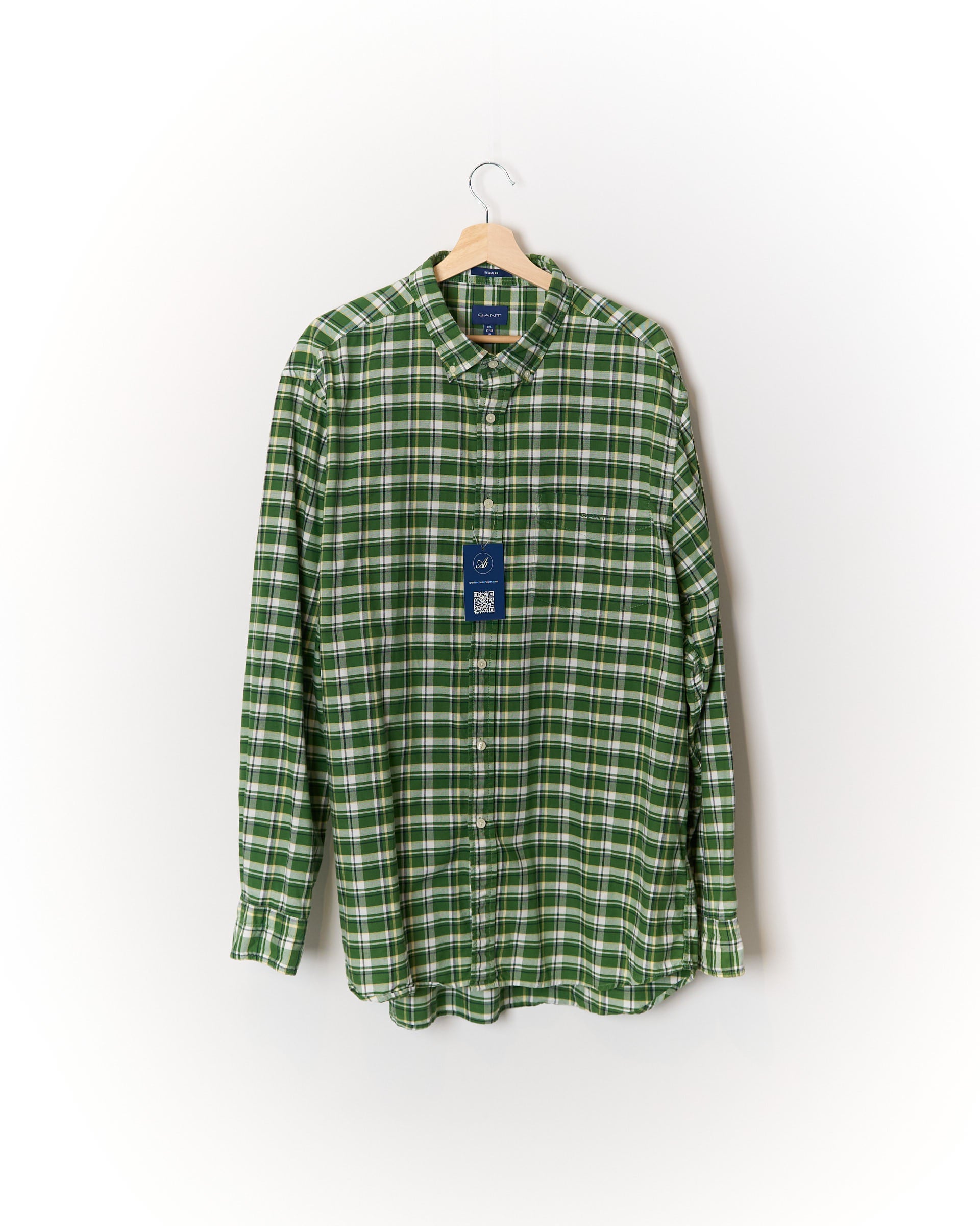 Gant Green and White Checkered Regular Button Down Cotton Shirt