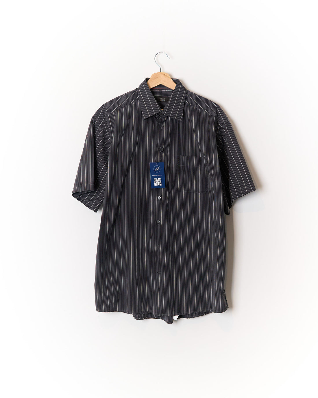 Eton Dark Grey Striped Short Sleeved Cotton Shirt