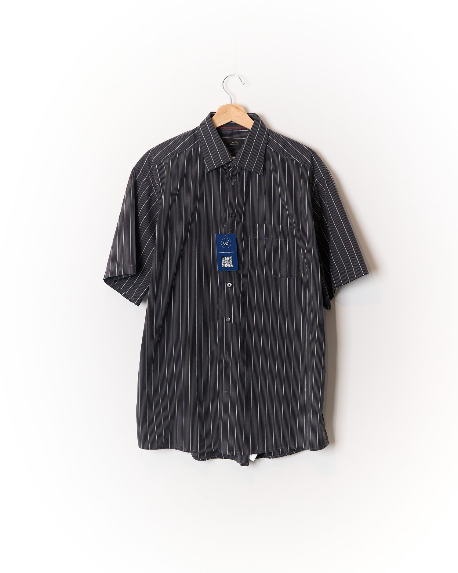 Eton Dark Grey Striped Short Sleeved Cotton Shirt