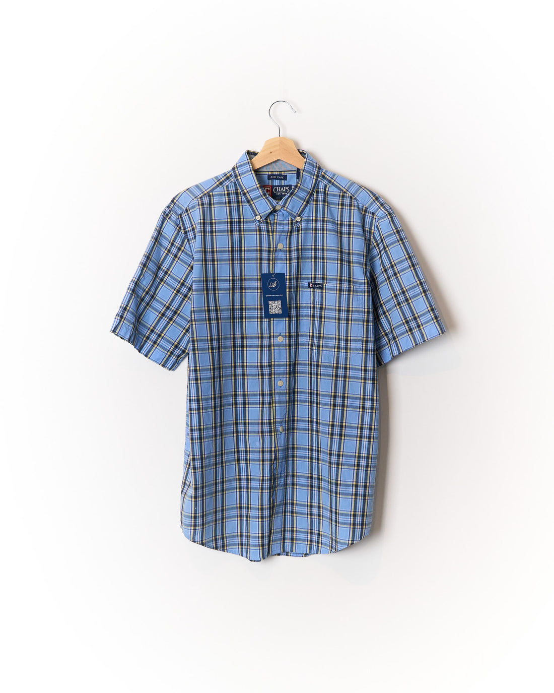 Ralph Lauren Chaps Blue, Navy and Yellow Checkered Button Down Short Sleeved Cotton Shirt